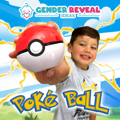 Gender Reveal Poke Ball 2 pack: A red and white Poke Ball held up against a bright blue sky background with yellow lightning bolts, showing scale and size of the product. Decorative text and graphics complete the playful Pokemon-themed design.