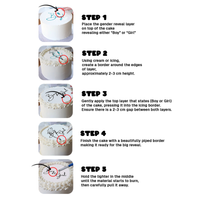 6 inch Viral Burn Away Cake Topper Kit step-by-step instruction guide showing five detailed images of white frosted cake demonstrating how to place, border, overlay, and burn the gender reveal topper for a dramatic reveal moment