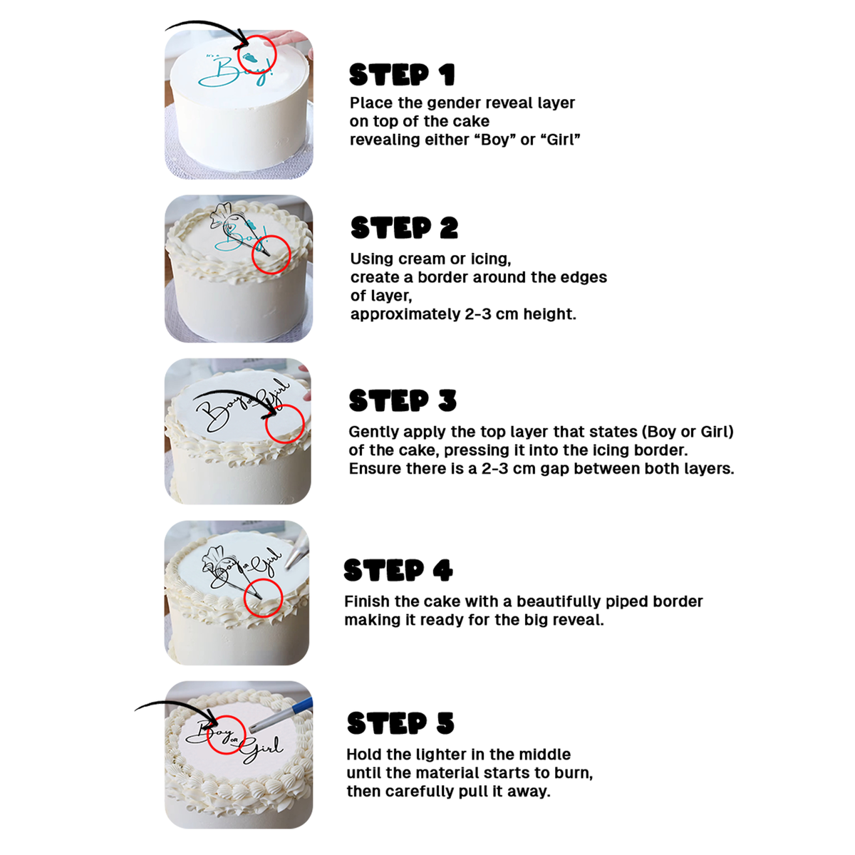 6 inch Viral Burn Away Cake Topper Kit step-by-step instruction guide showing five detailed images of white frosted cake demonstrating how to place, border, overlay, and burn the gender reveal topper for a dramatic reveal moment