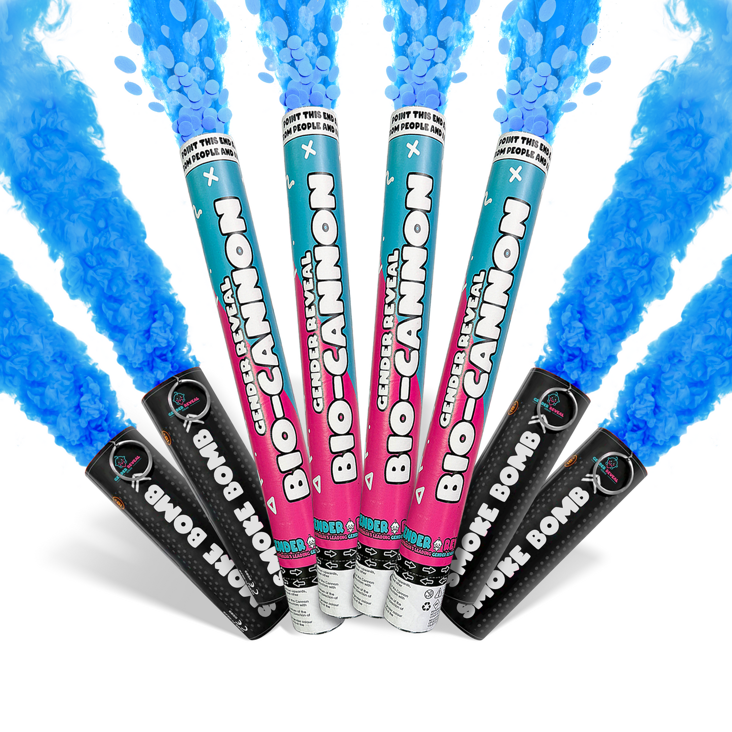 Gender Reveal Mega Smoke & Cannon Effect Bundle with vivid blue smoke and confetti for stunning gender reveal moments