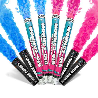 Gender Reveal Mega Smoke and Cannon Effect Bundle showing blue and pink smoke with confetti effects for celebration.