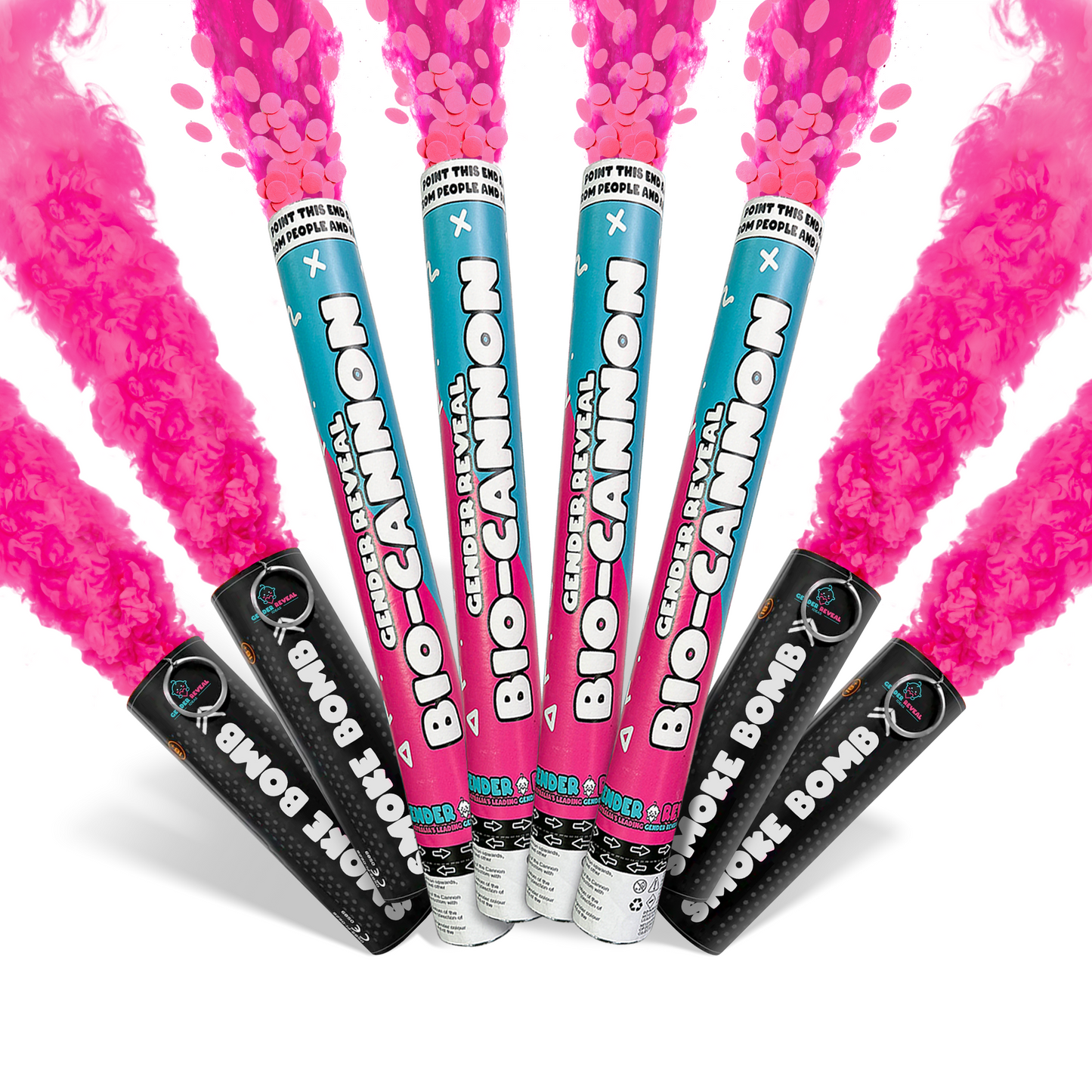 Gender Reveal Mega Smoke and Cannon Effect Bundle showing pink smoke and confetti for party celebration.