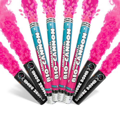 Gender Reveal Mega Smoke and Cannon Effect Bundle with pink smoke bursts for a photogenic gender reveal celebration.