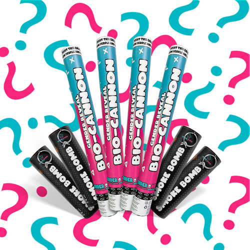 Gender Reveal Mega Smoke & Cannon Effect Bundle with colorful bio-cannons and smoke bombs for a photogenic gender reveal.