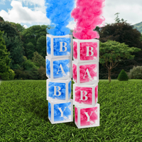 DIY -Gender Reveal Smoke Box Trend showing blue and pink smoke emerging from baby blocks outdoors.