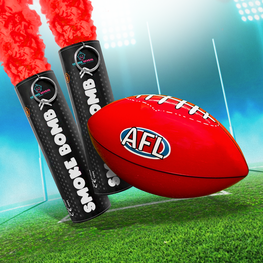 Gender Reveal AFL Sports Bundle with red smoke bombs and AFL ball for gender reveal celebrations.