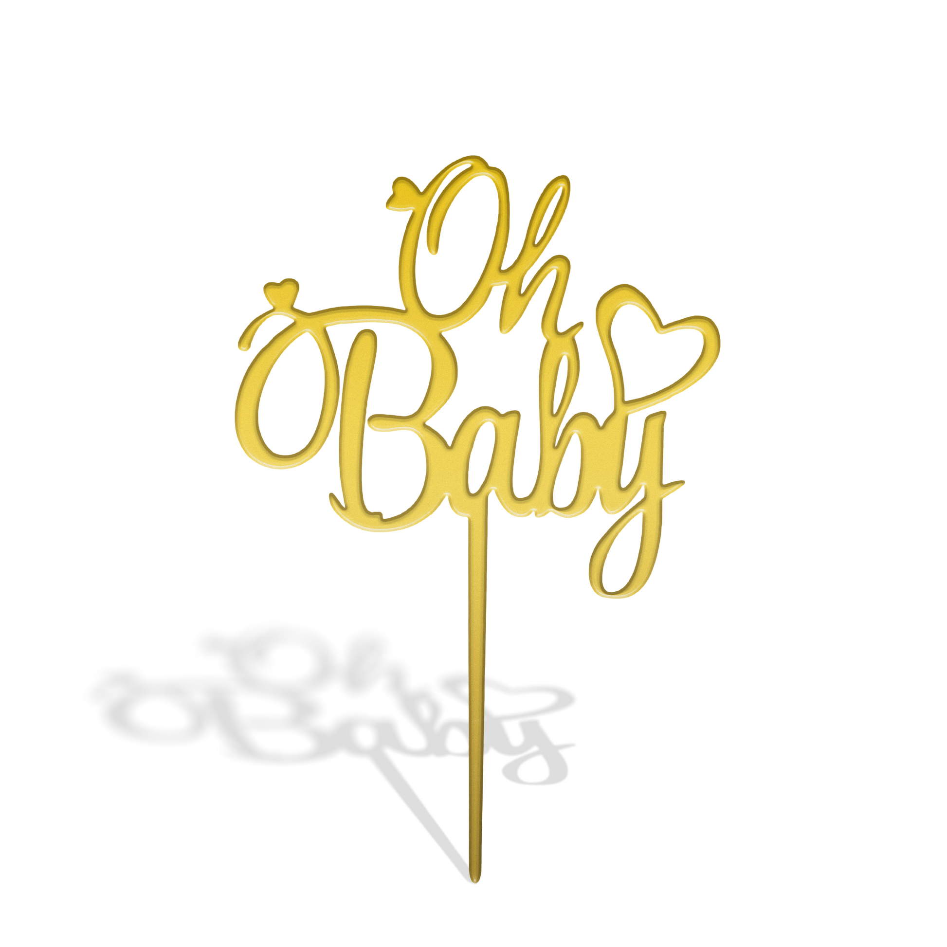 Oh Baby" Acrylic Cake Topper Gold with elegant script and heart design for baby showers and celebrations.