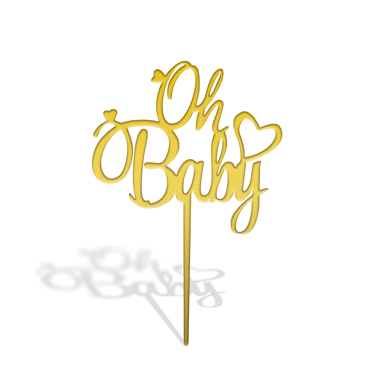 Oh Baby" Acrylic Cake Topper Gold with elegant script and heart design for baby showers and celebrations.