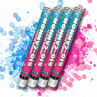 Mega Reveal Gender Party Bundle featuring four bio-cannon confetti launchers displayed diagonally with vibrant pink and blue powder explosions around them, set against a white background, showcasing the exciting gender reveal party supplies in action