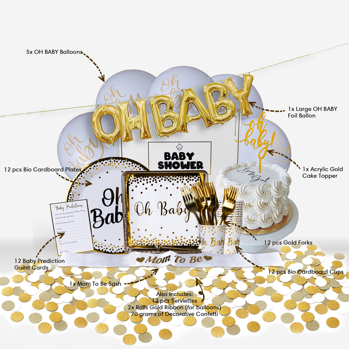 FREE Baby Shower Party Box Set featuring 71 pieces including gold OH BABY balloon banner, white and gold party supplies, biodegradable plates, prediction cards, cake topper, and confetti displayed against a white background with detailed product labeling for easy setup