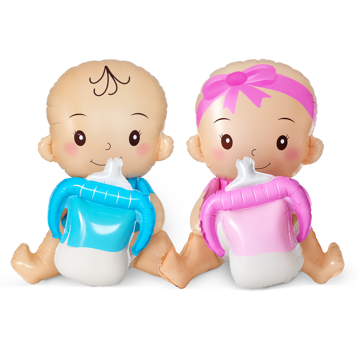Two large foil baby balloons holding blue and pink bottles for gender reveal party decorations