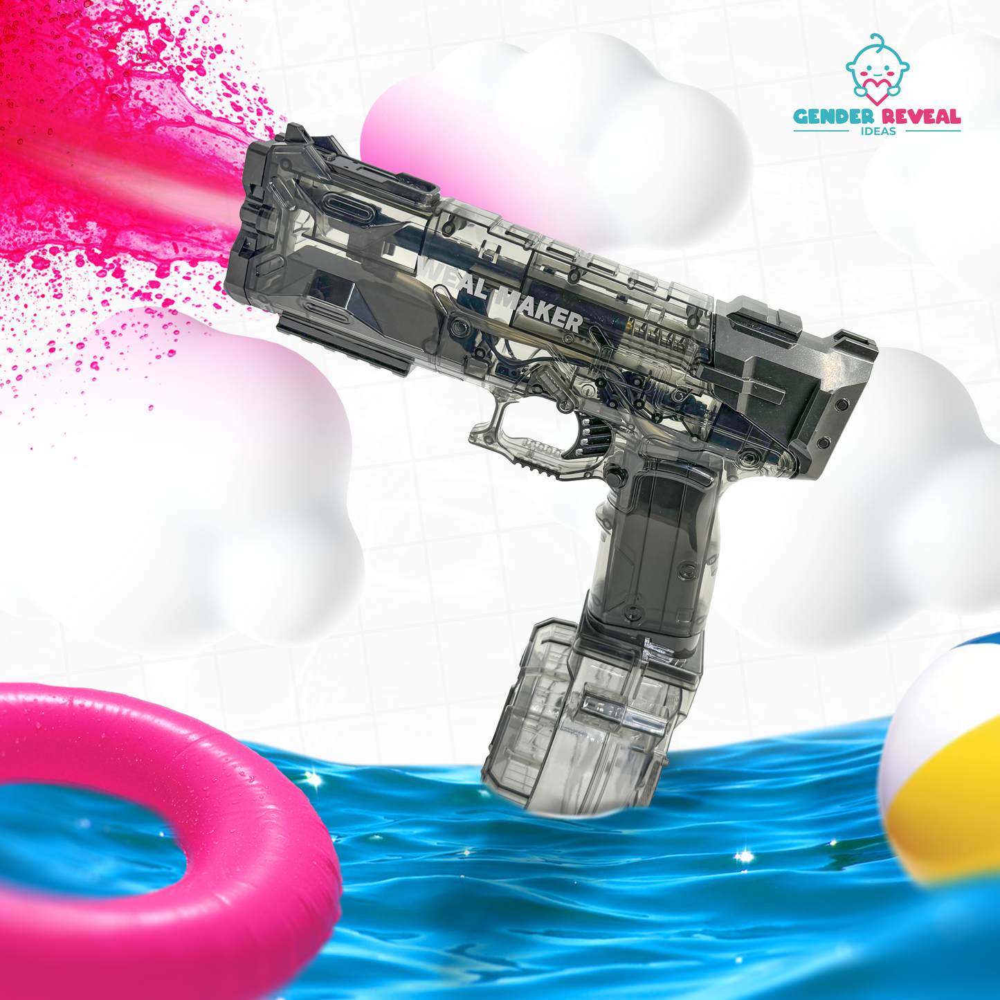 Gender Reveal Electric Water Blaster shown in transparent design against blue water background with pink and blue splashes, floating pool toys, demonstrating its water-spraying capability for gender reveal parties. Product features clear construction with detailed mechanical components.
