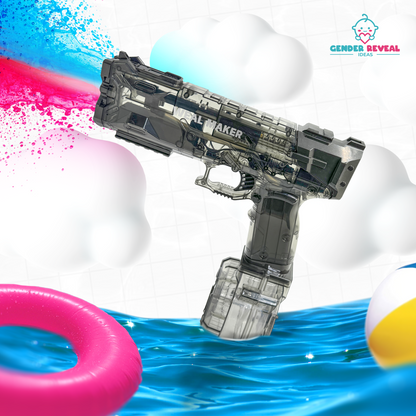 Gender Reveal Electric Water Blaster shown in transparent design, floating above blue water with pink and blue powder splashes, surrounded by colorful pool floaties. Features automatic spraying mechanism for gender reveal parties and celebrations.