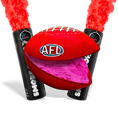 Gender Reveal AFL Sports Bundle showing red smoke bombs and an AFL ball with pink powder inside.