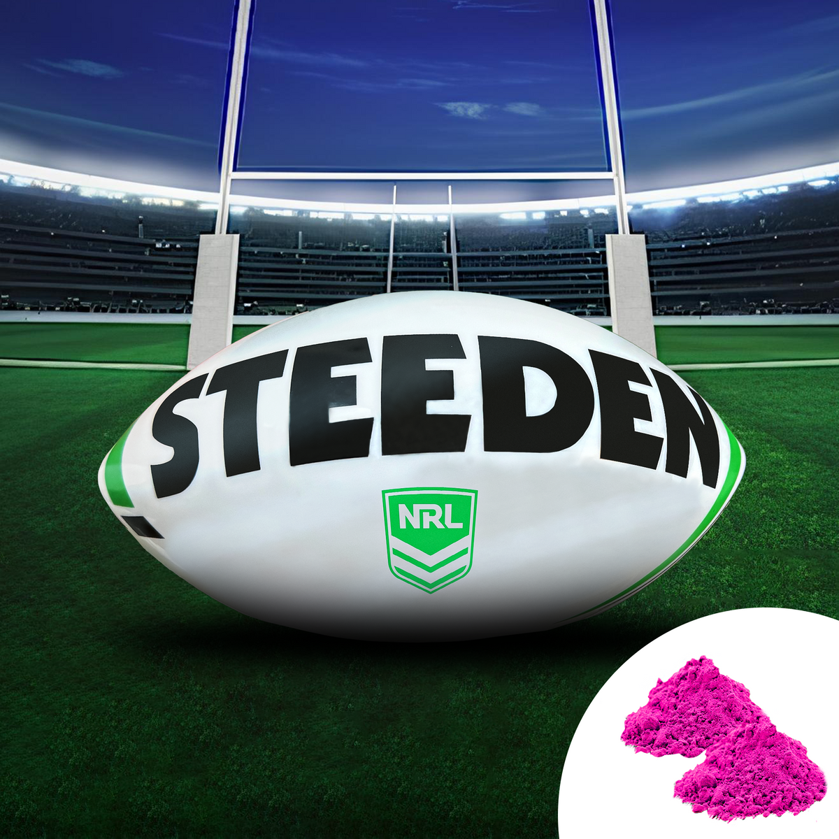 Sports Gender Reveal NRL Rugby Ball featuring a white Steeden rugby ball with NRL logo on stadium field, with pink powder insert shown in corner for gender reveal celebrations. Stadium lights illuminate the professional football field and goal posts.