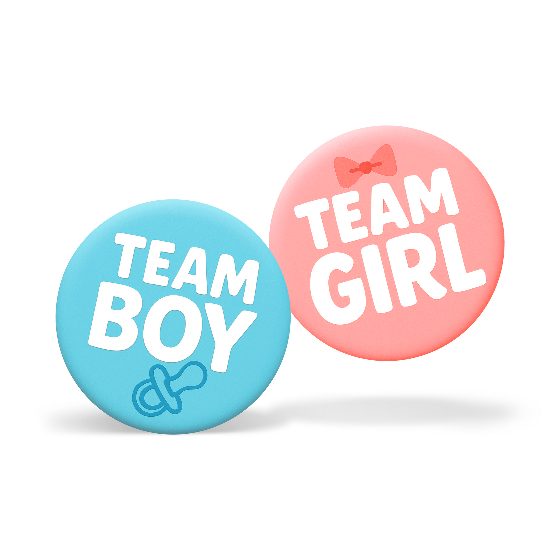 Boutique Custom Gender Reveal Party Badges 20 Pack featuring blue Team Boy and pink Team Girl round badges.