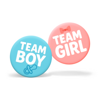 Boutique Custom Gender Reveal Party Badges 20 Pack featuring blue Team Boy and pink Team Girl round badges.