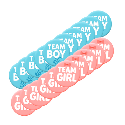 Boutique Custom Gender Reveal Party Badges 20 Pack with blue Team Boy and pink Team Girl designs for gender reveal parties.