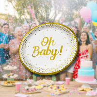 Oh Baby Gender Reveal Baby Shower Plates with white and gold design perfect for eco-friendly celebrations.