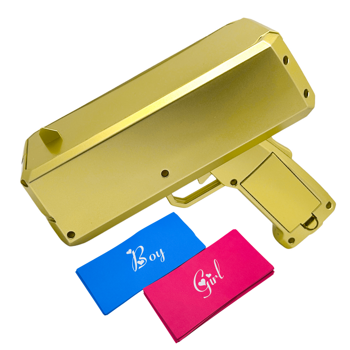 Gender Reveal Electric Card Spray Gun in metallic gold finish, shown with blue 'Boy' and pink 'Girl' reveal cards. The handheld device features a sleek design with a rectangular body and trigger mechanism for launching announcement cards during gender reveal celebrations.