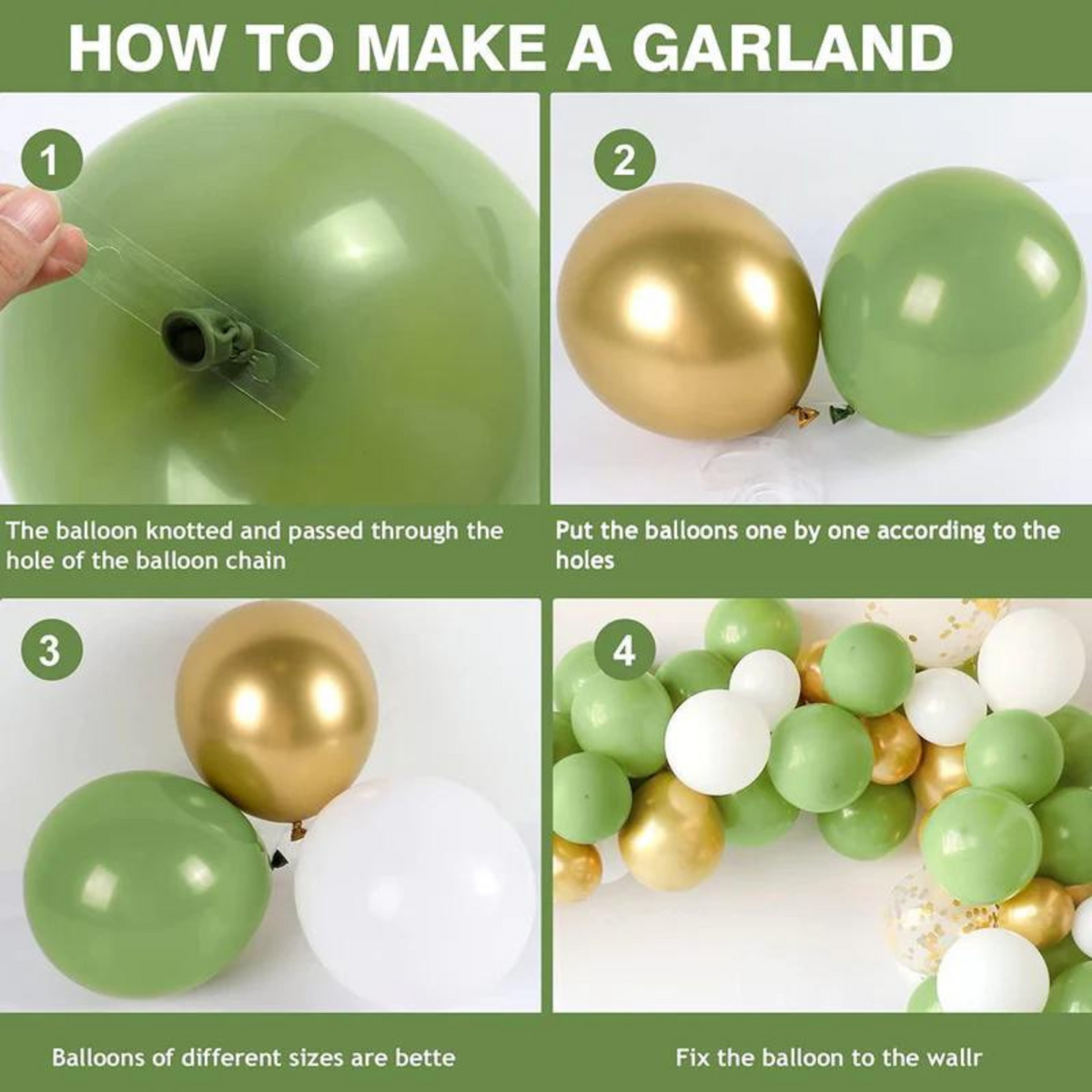 87 Piece Nature Gender Reveal Balloon Kit instruction guide showing 4-step process to create balloon garland, featuring sage green, metallic gold, and white balloons with detailed assembly steps from knotting to wall mounting