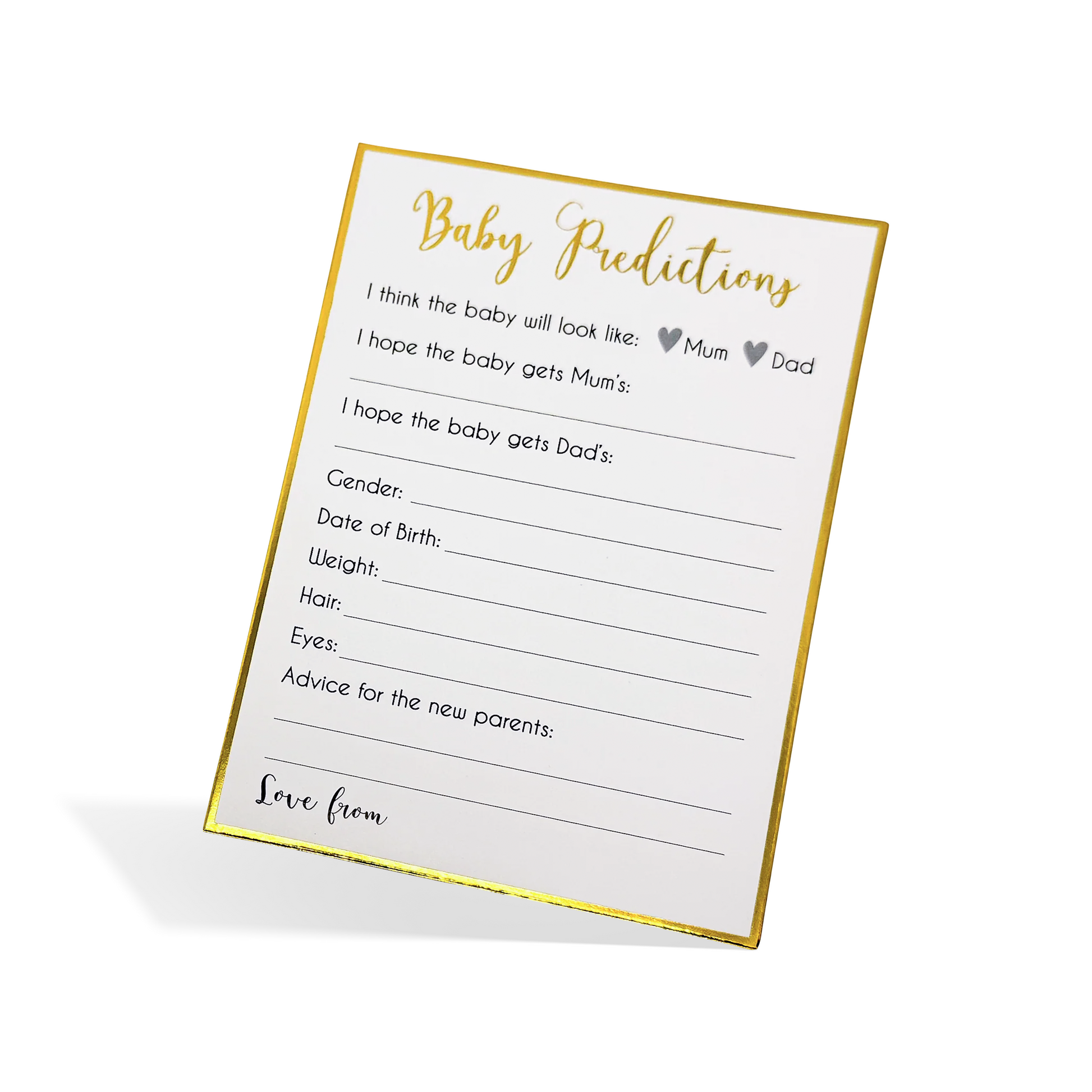 Gender Reveal/ Baby Shower Prediction Cards white and gold baby predictions card with gender reveal questions