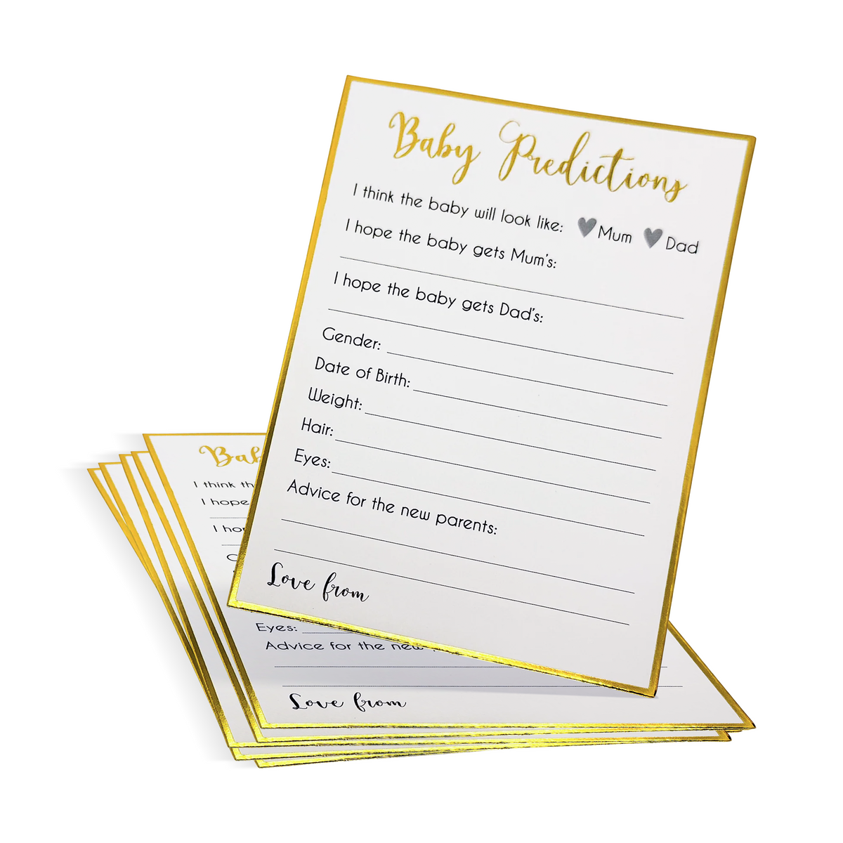 Gender Reveal Baby Shower Prediction Cards with white and gold design for guests to guess baby's gender and details