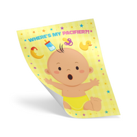 Gender Reveal Pin The Dummy Game featuring a baby graphic with pacifier and playful yellow background design.