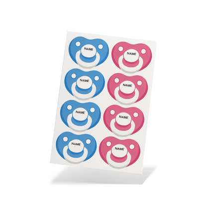 Gender Reveal Pin The Dummy Game blue and pink pacifier cutouts for party guests to pin on baby image.