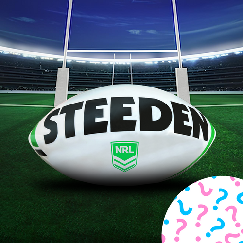 Sports Gender Reveal NRL Rugby Ball - White Steeden rugby ball with NRL logo positioned in front of goal posts on green field in stadium, with gender reveal question marks overlay in pink and blue colors
