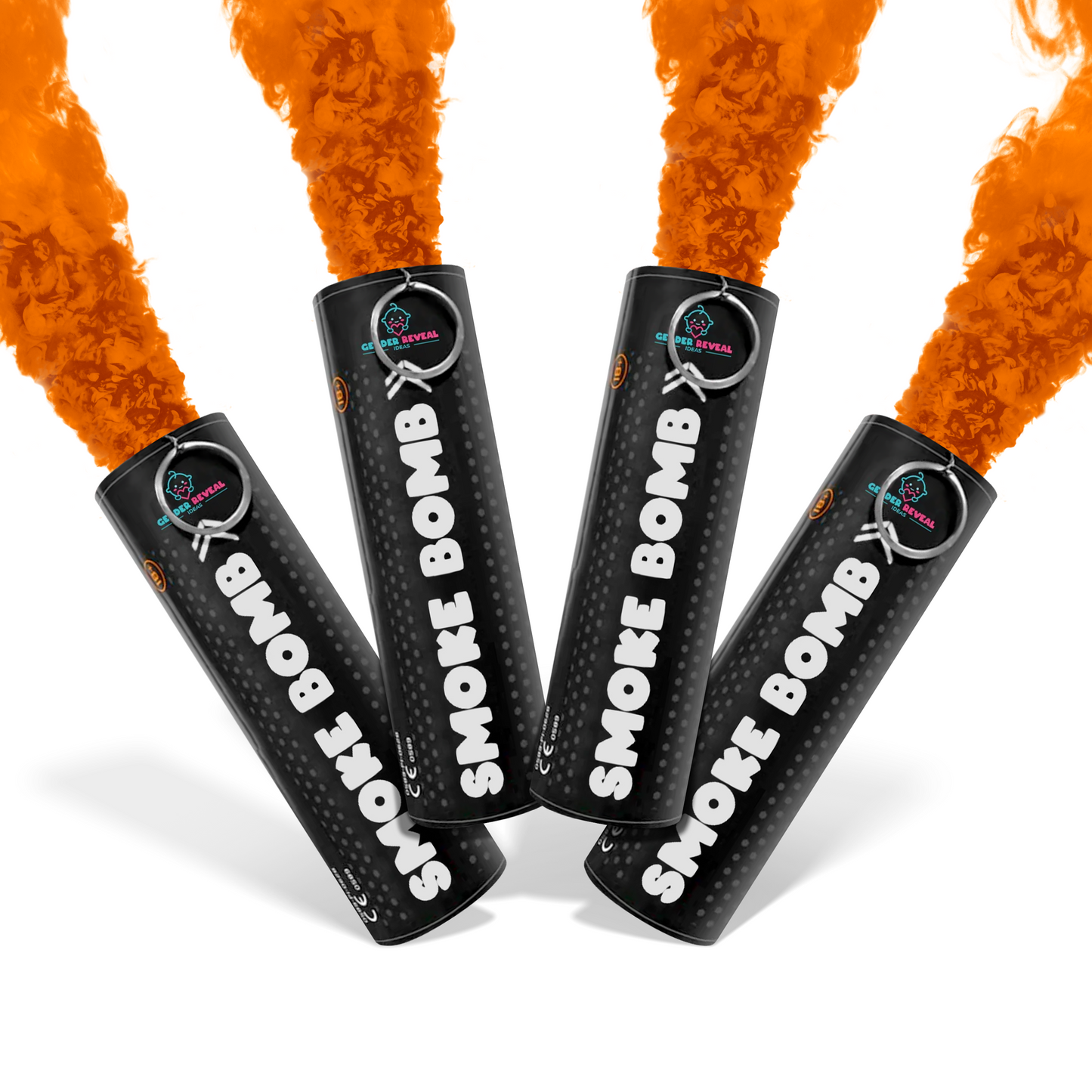 Bundle Pack Extreme Gender Reveal Smoke Bomb with four black canisters emitting vibrant orange smoke.