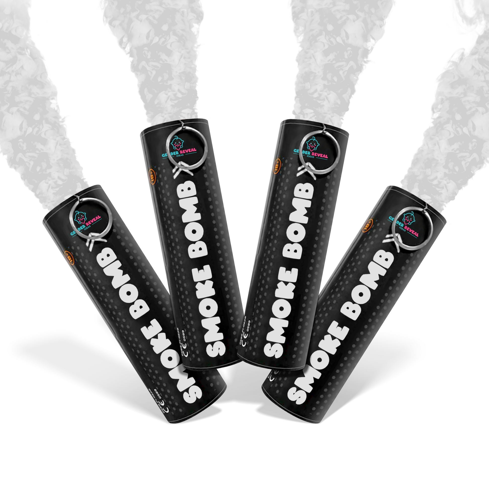 Bundle Pack Extreme Gender Reveal Smoke Bomb showing four black smoke bombs emitting thick white smoke.