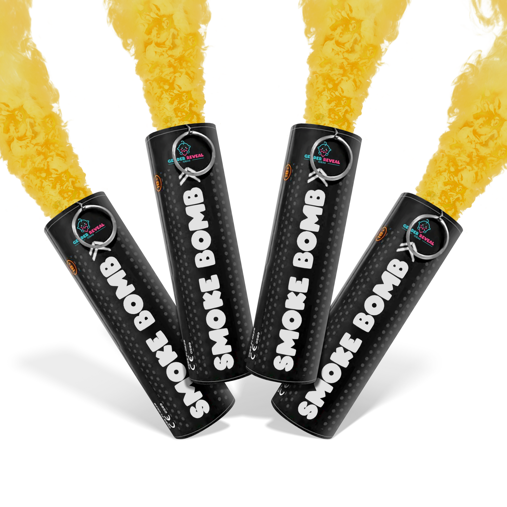 Bundle Pack Extreme Gender Reveal Smoke Bomb with yellow smoke emitting from four black canisters for large smoke display.