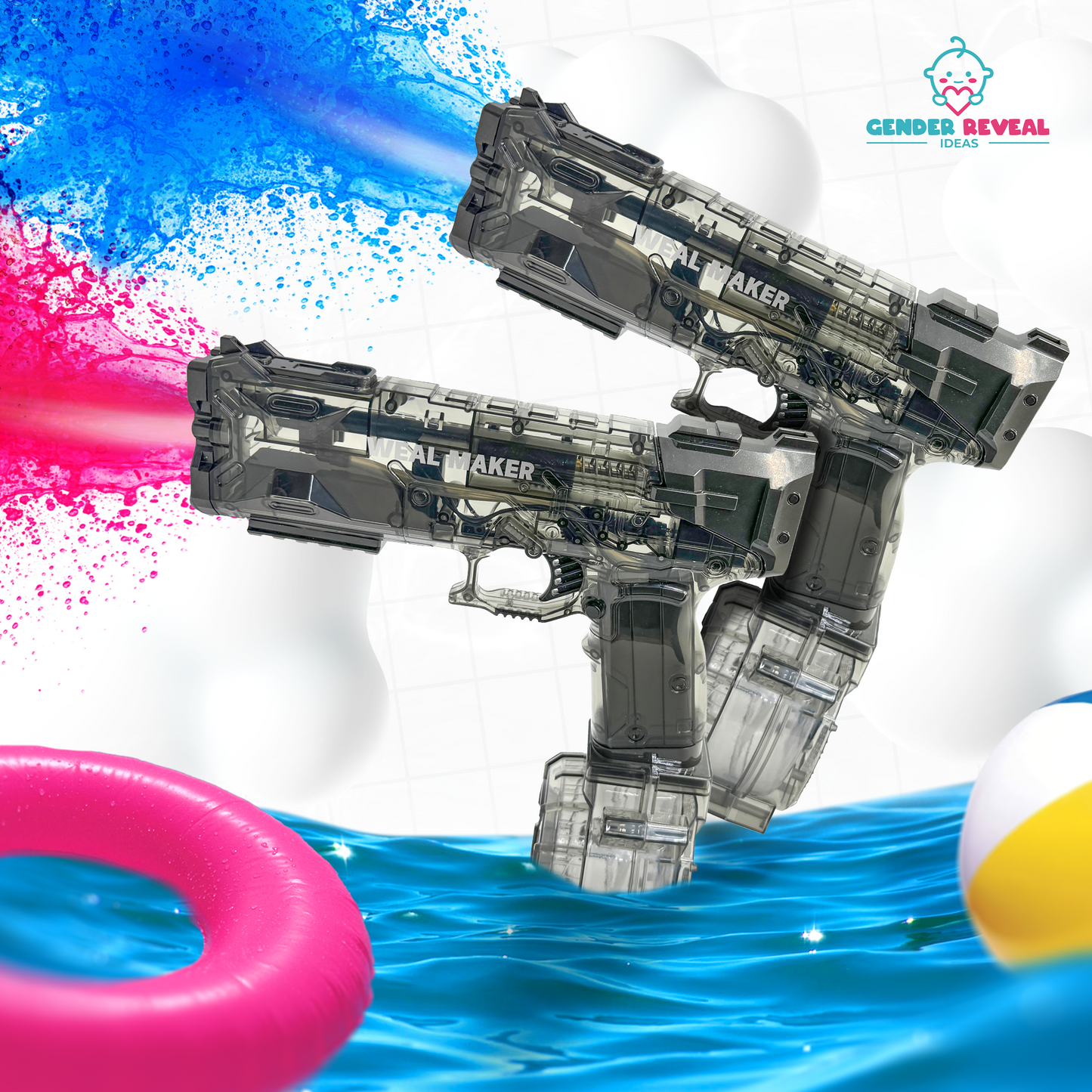 Gender Reveal Electric Water Blaster shown with transparent design and colorful blue and pink spray effects, floating in water alongside pool toys, demonstrating its use for gender reveal parties and celebrations