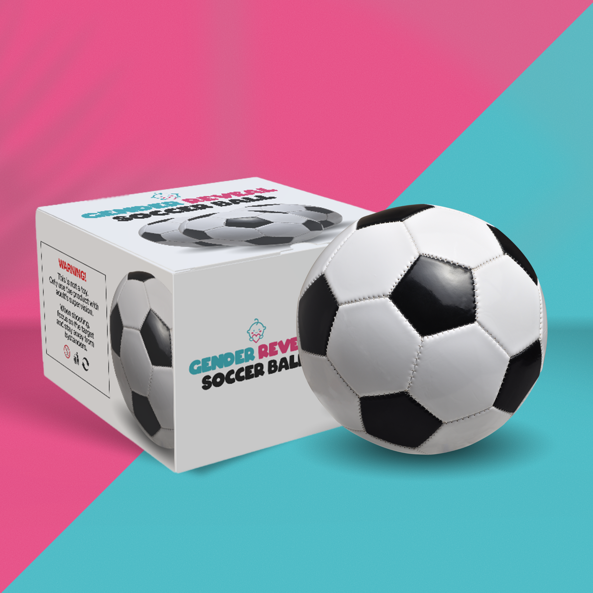 Sports Gender Reveal Soccer Ball displayed next to product box on pink and turquoise diagonal background, featuring classic black and white soccer ball design with product packaging showing brand name and soccer ball illustration