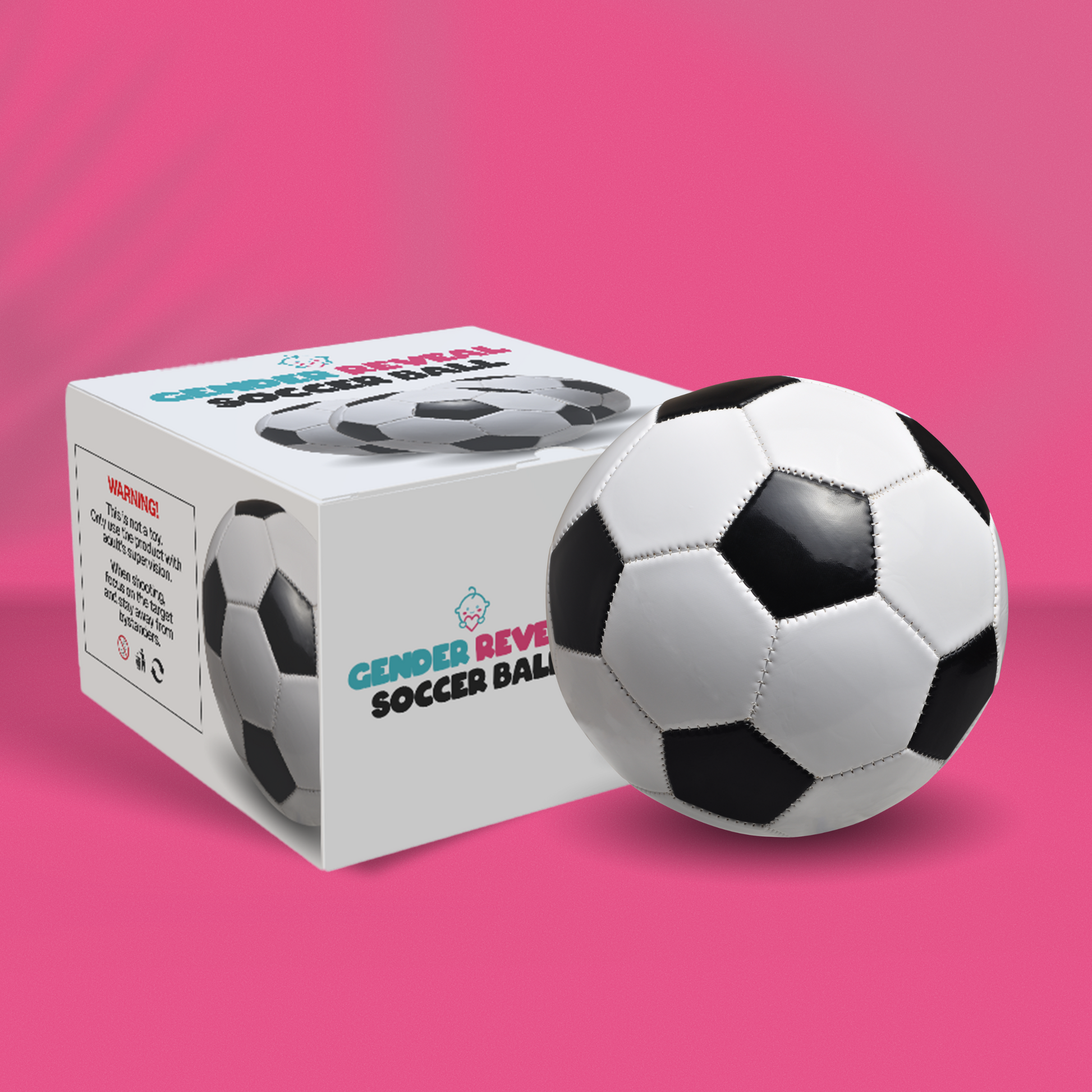 Sports Gender Reveal Soccer Ball with product packaging box, featuring a classic black and white soccer ball alongside its white retail box with soccer ball graphics, displayed against a bright pink background