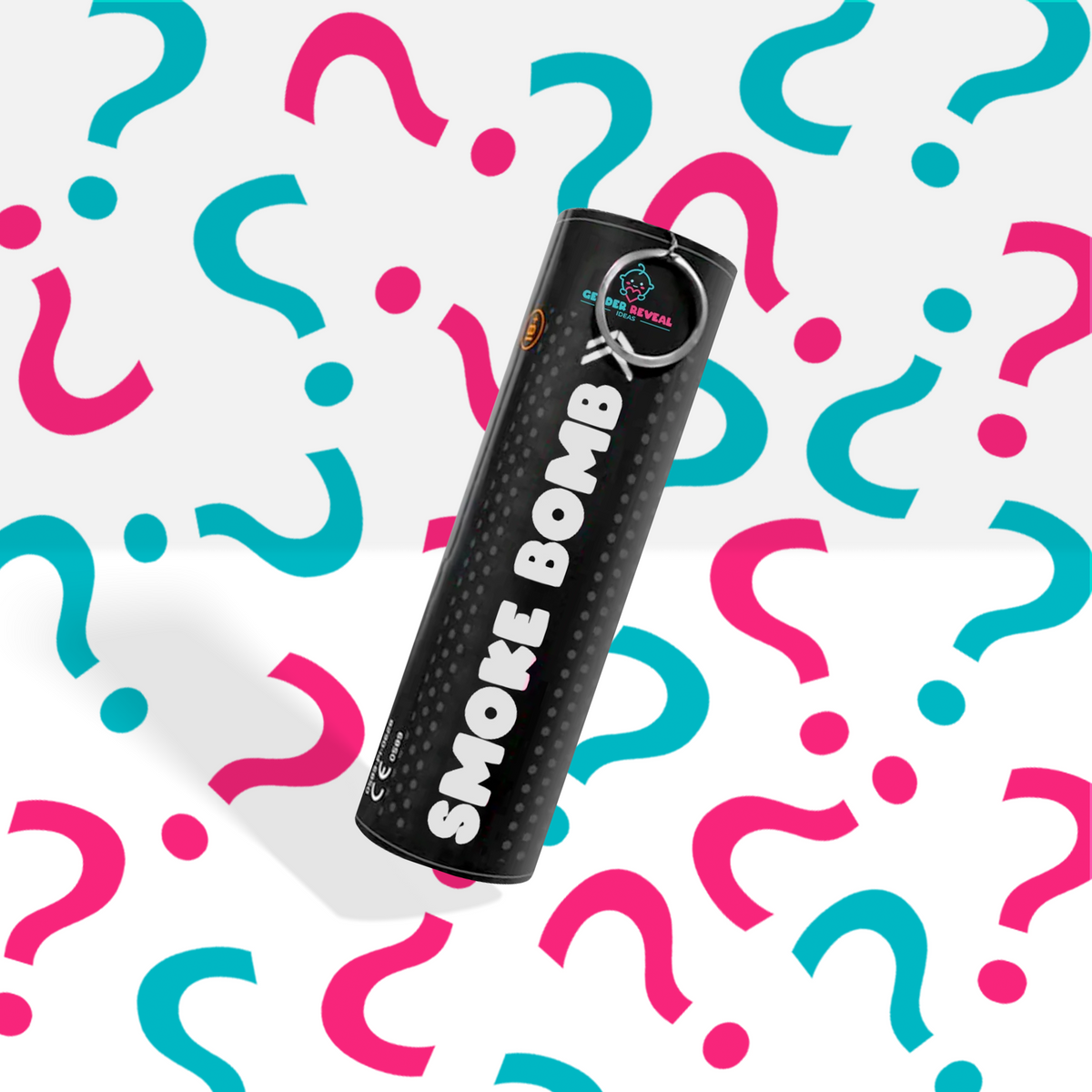 Gender Reveal Smoke Bombs with pull ring on pink and blue question mark background for gender reveal parties.