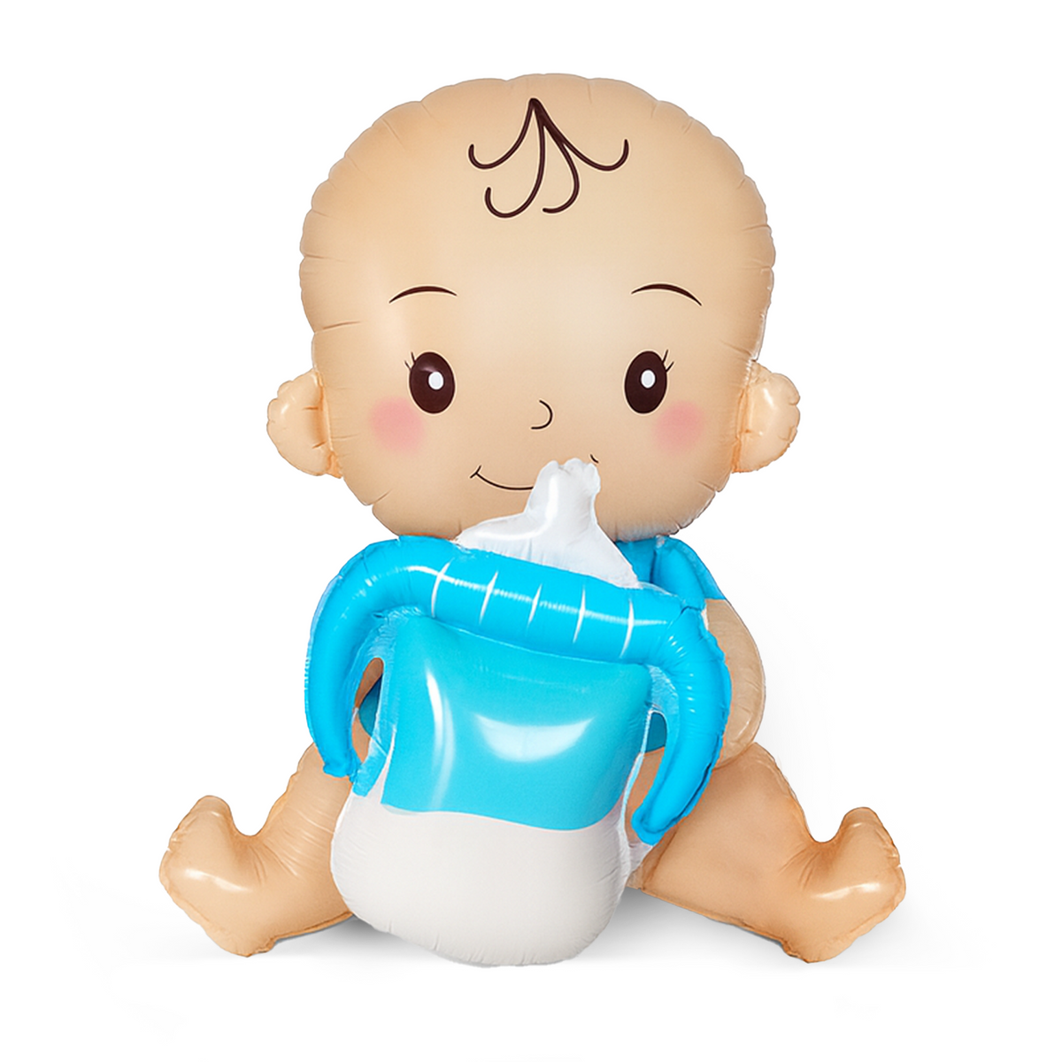 Large foil balloon shaped like a baby holding a blue bottle for gender reveal party decorations