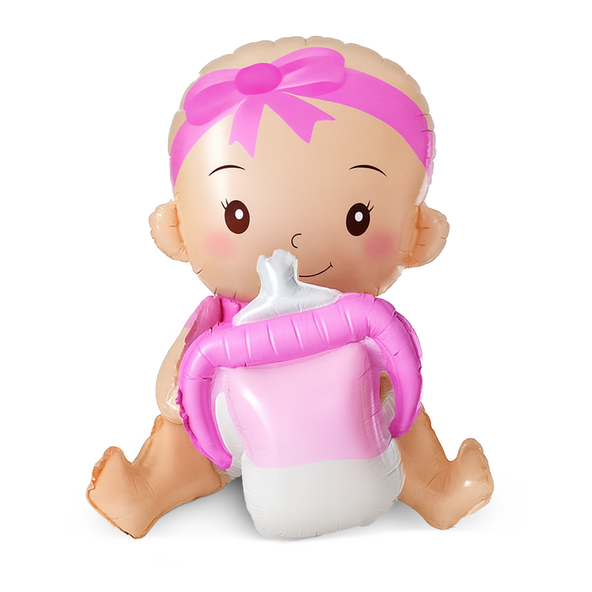 Large foil baby balloon with pink headband and bottle for gender reveal party decoration