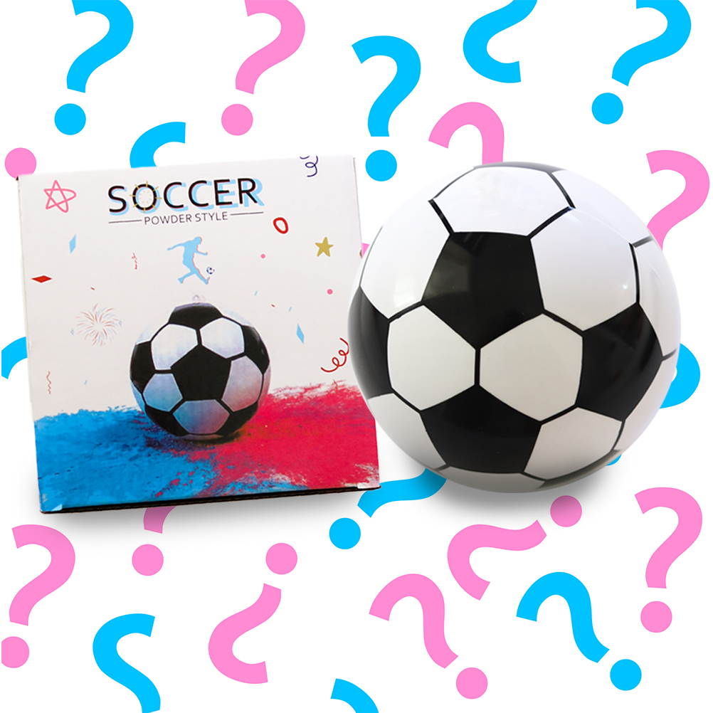Sports Gender Reveal Soccer Ball shown with product packaging and classic black and white soccer ball design, surrounded by decorative pink and blue question marks, perfect for gender reveal parties and soccer-themed celebrations.
