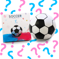 Sports Gender Reveal Soccer Ball displayed with product packaging, featuring a classic black and white soccer ball alongside its colorful box design, surrounded by pink and blue question marks for gender reveal anticipation.