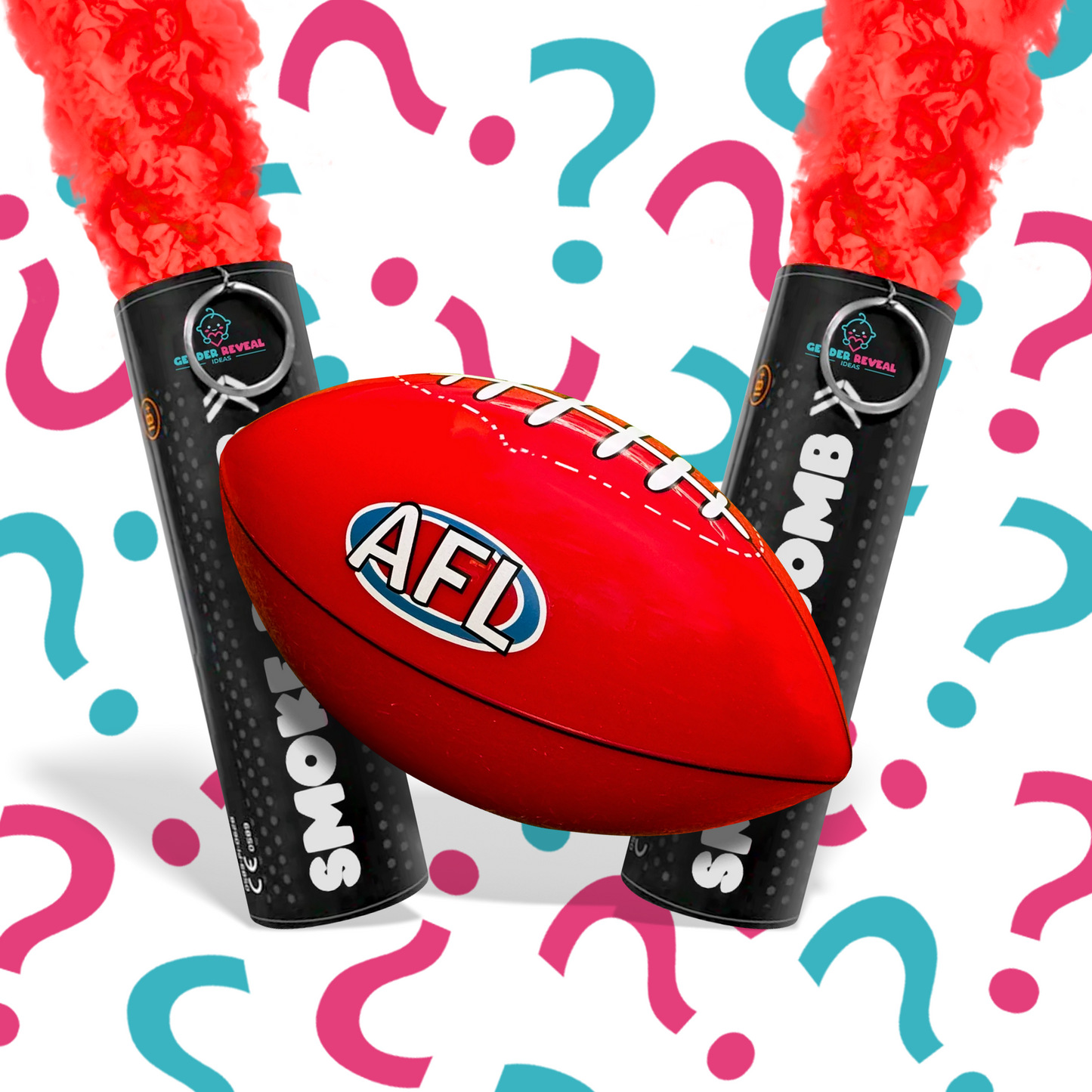 Gender Reveal AFL Sports Bundle featuring two red smoke bombs and a red AFL gender reveal ball.
