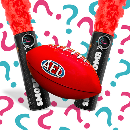 Gender Reveal AFL Sports Bundle featuring two red smoke bombs and a red AFL gender reveal ball.