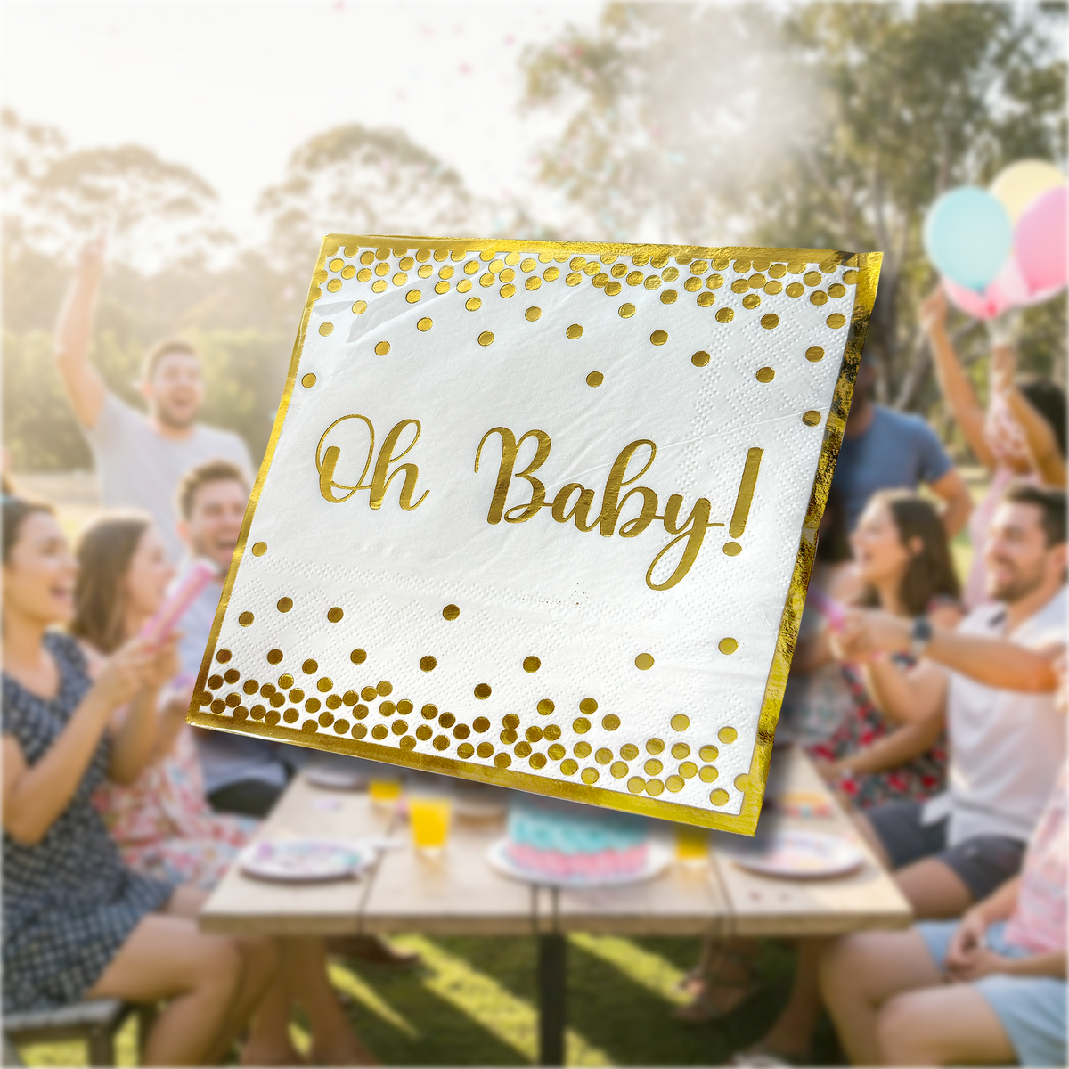 Oh Baby Gender Reveal Baby Shower Napkins in white with gold confetti and lettering for elegant celebrations