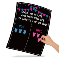 Gender reveal party voting sheet with blue and pink baby onesie stickers for guests to cast their gender guesses