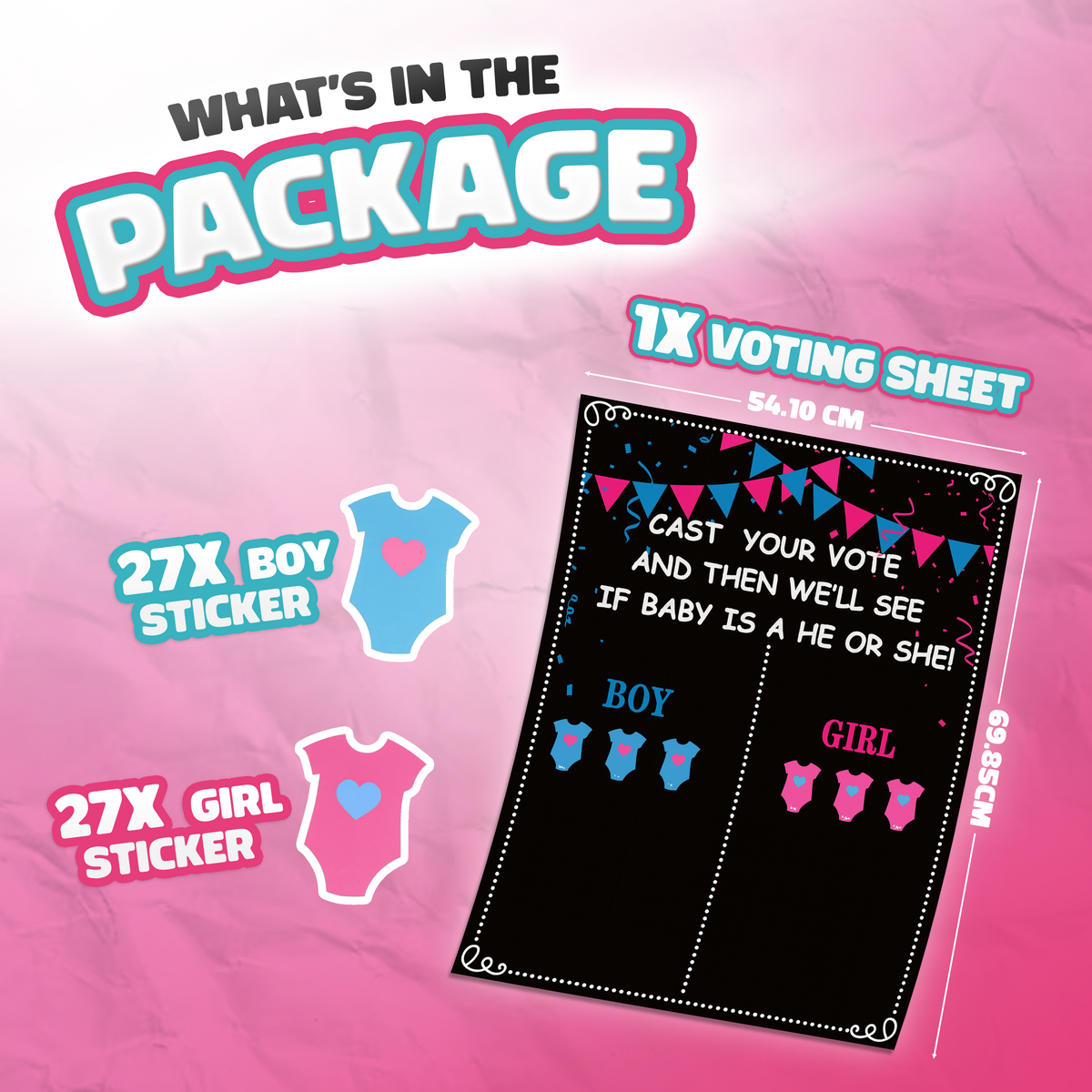 Gender reveal party voting sheet with blue boy and pink girl stickers for guests to cast their votes at celebration