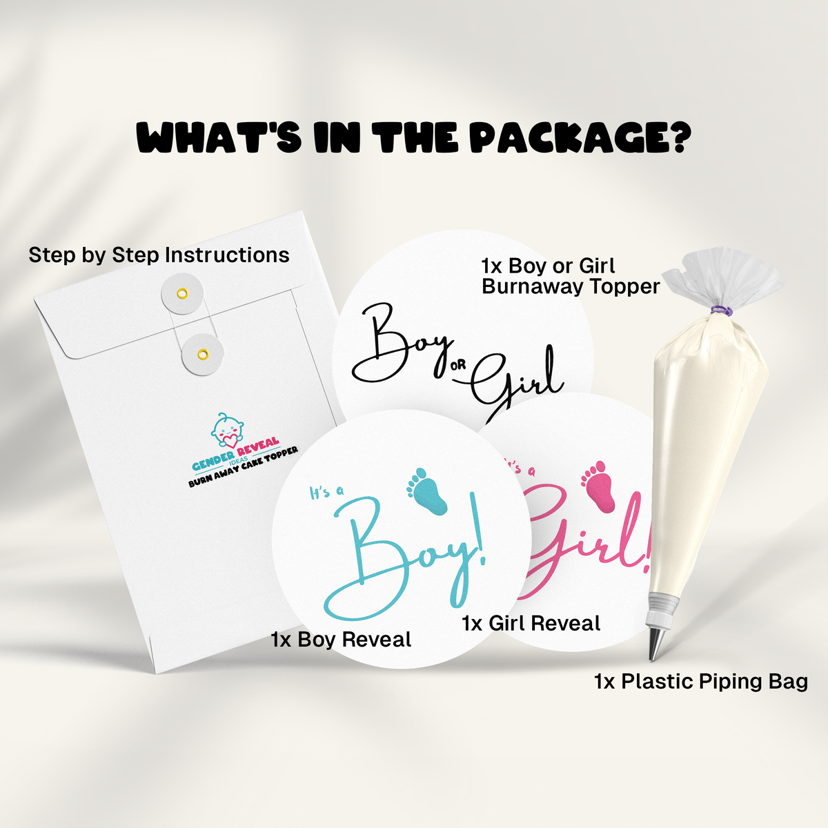 6" Viral Burn Away Cake Topper Kit package contents displaying step-by-step instructions envelope, boy and girl burnaway topper, blue boy reveal design with footprint, pink girl reveal design with footprint, and white plastic piping bag on light gray background