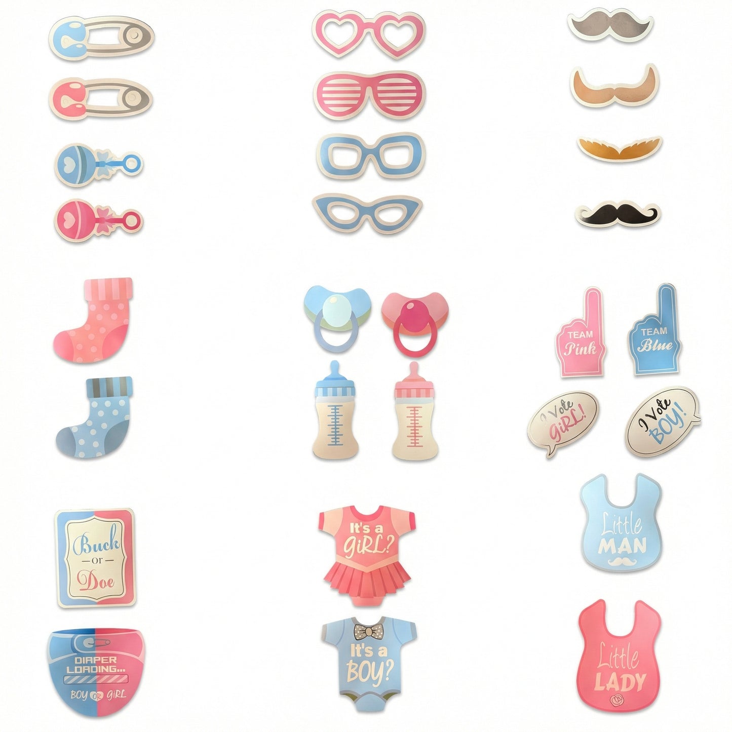 Gender reveal photo booth props set for baby shower party