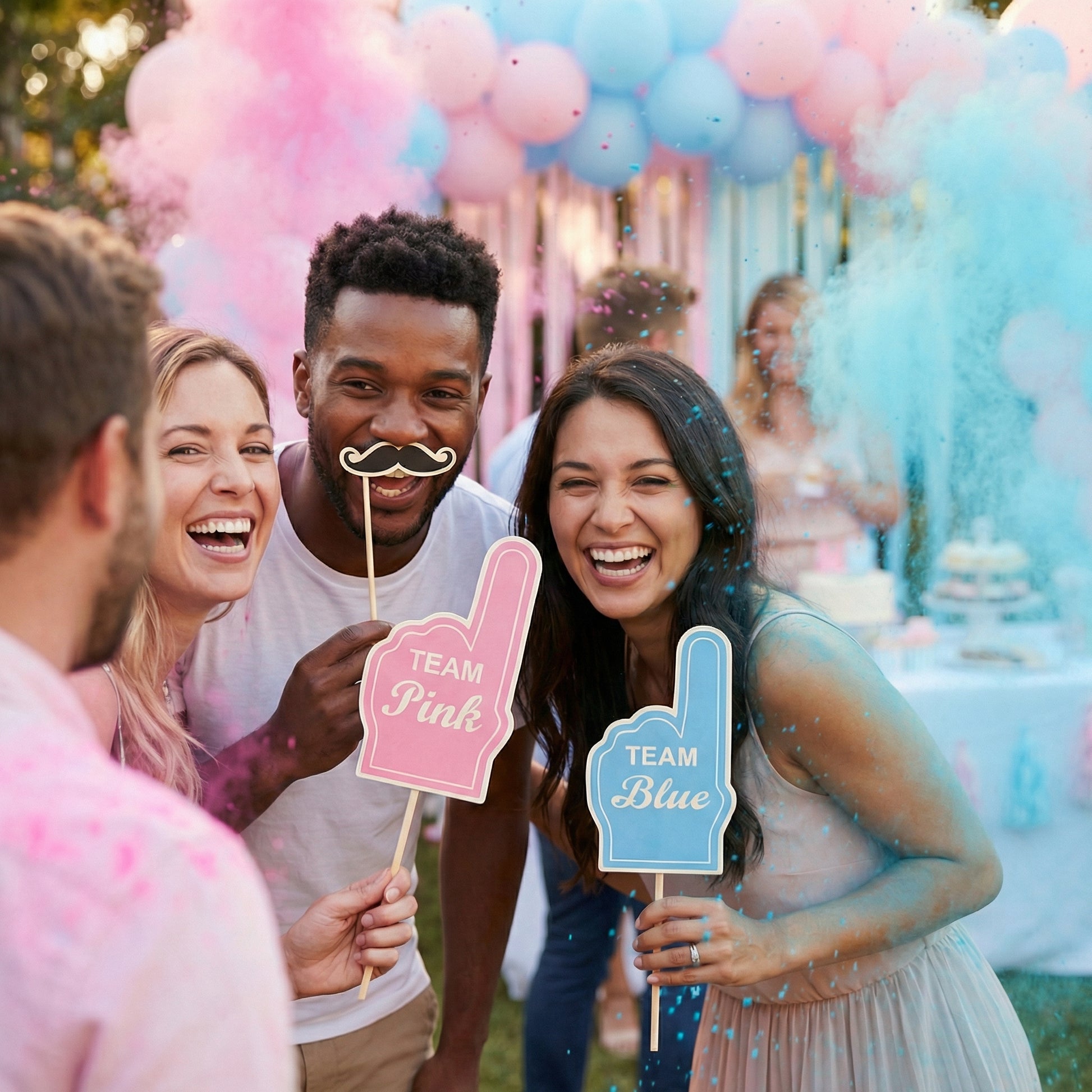 Gender reveal photo booth props set with mustaches and signs