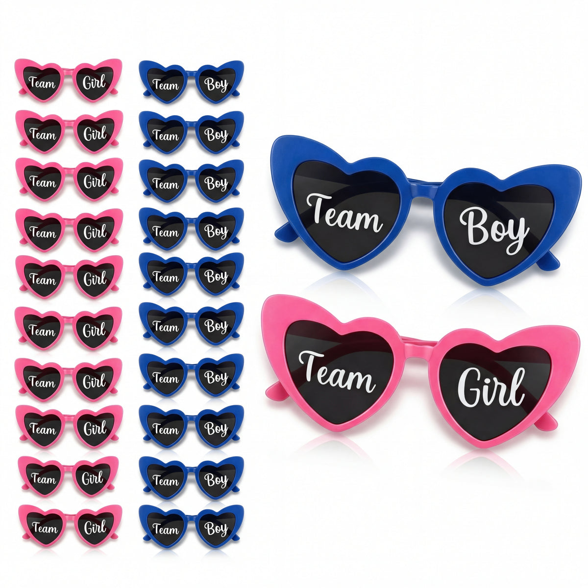 Gender reveal party glasses set with blue and pink frames